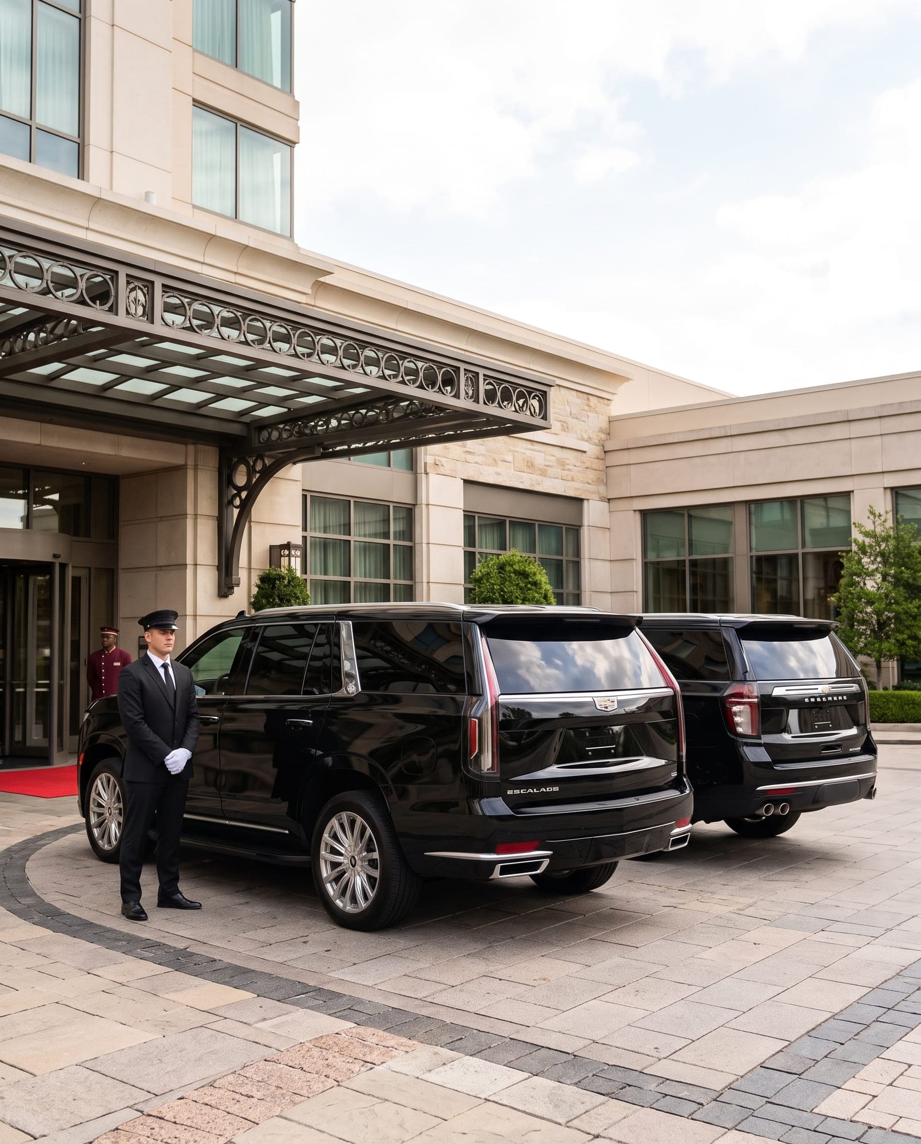 A MUVEH chauffeur standing beside two Cadillac Escalades at a hotel entrance with a red carpet