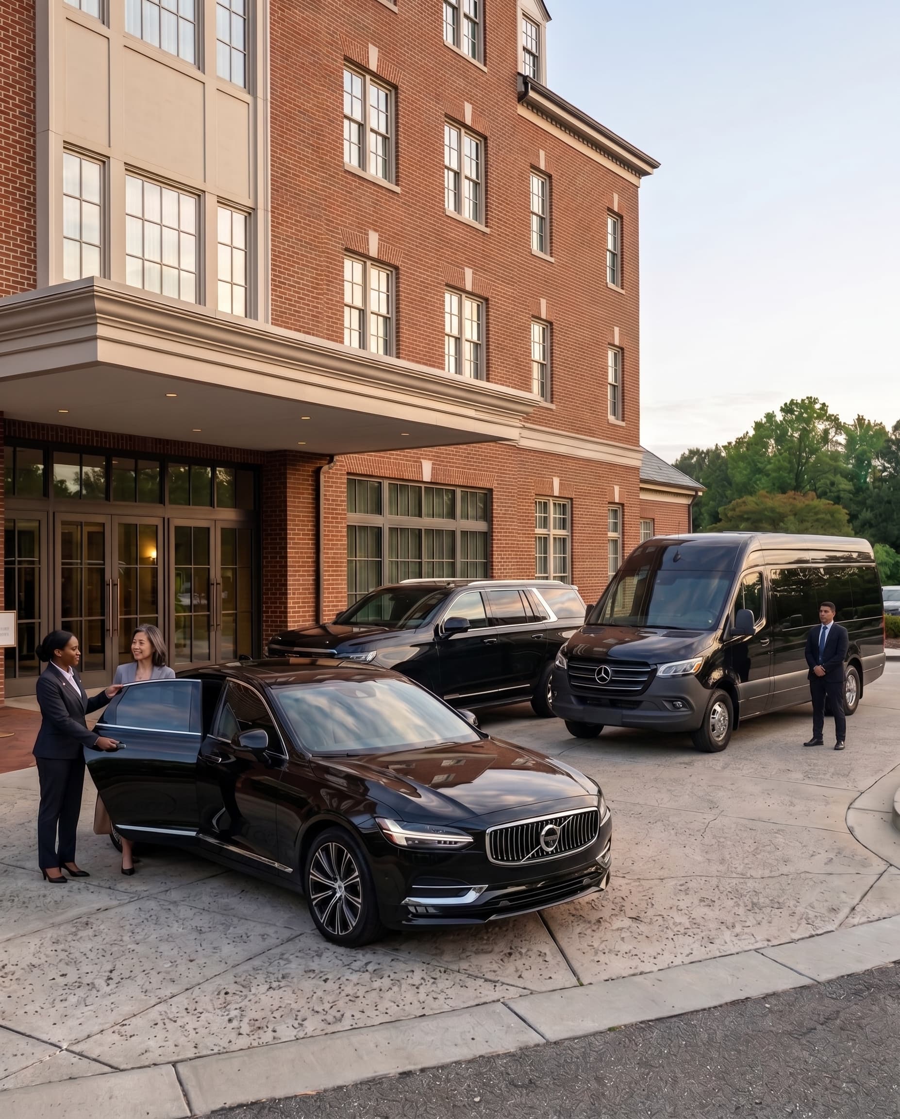 A MUVEH fleet of a sedan, SUV, and van outside a corporate building, staff assisting a guest and loading luggage
