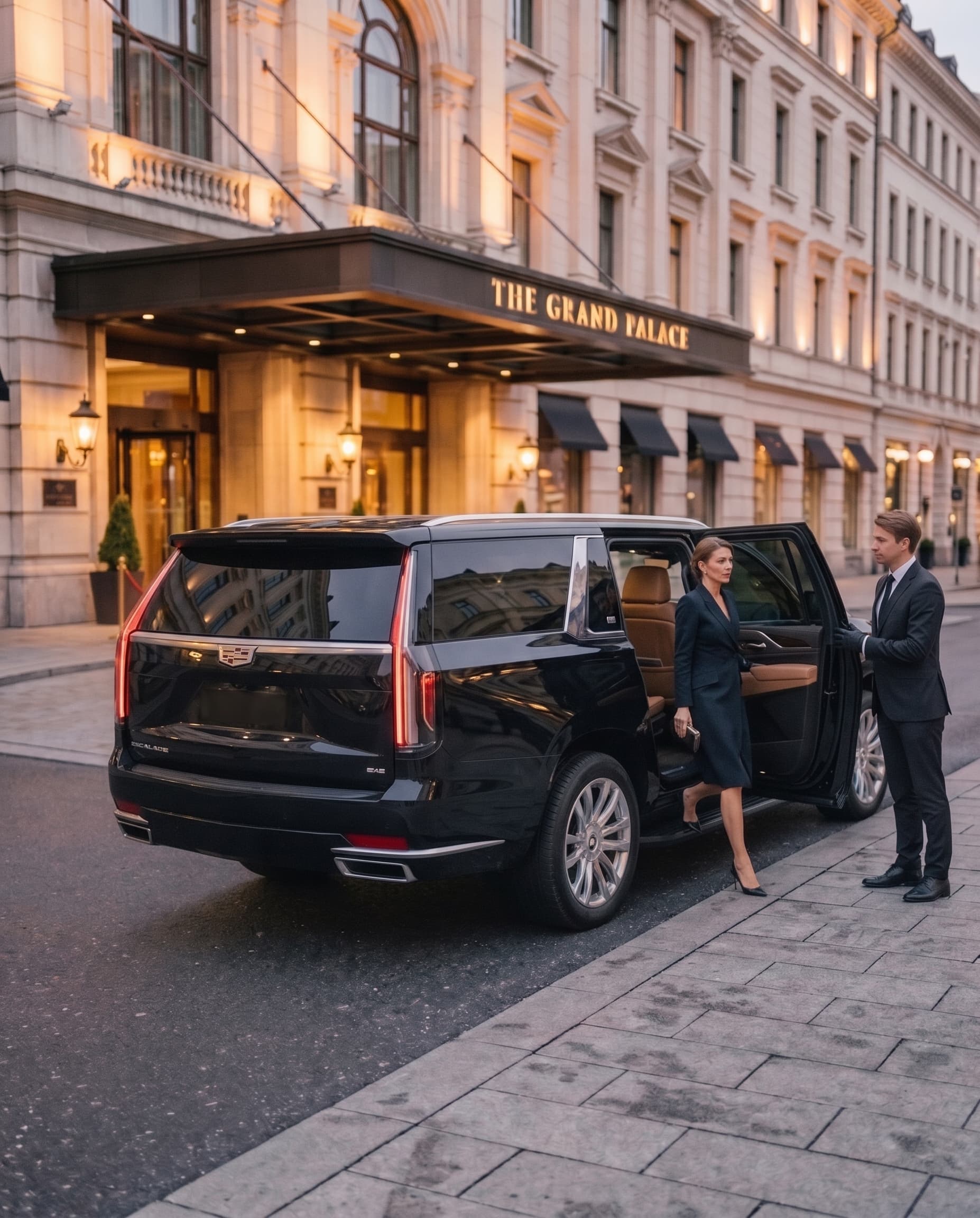 A MUVEH chauffeur holding the SUV door open for an executive arriving at a hotel