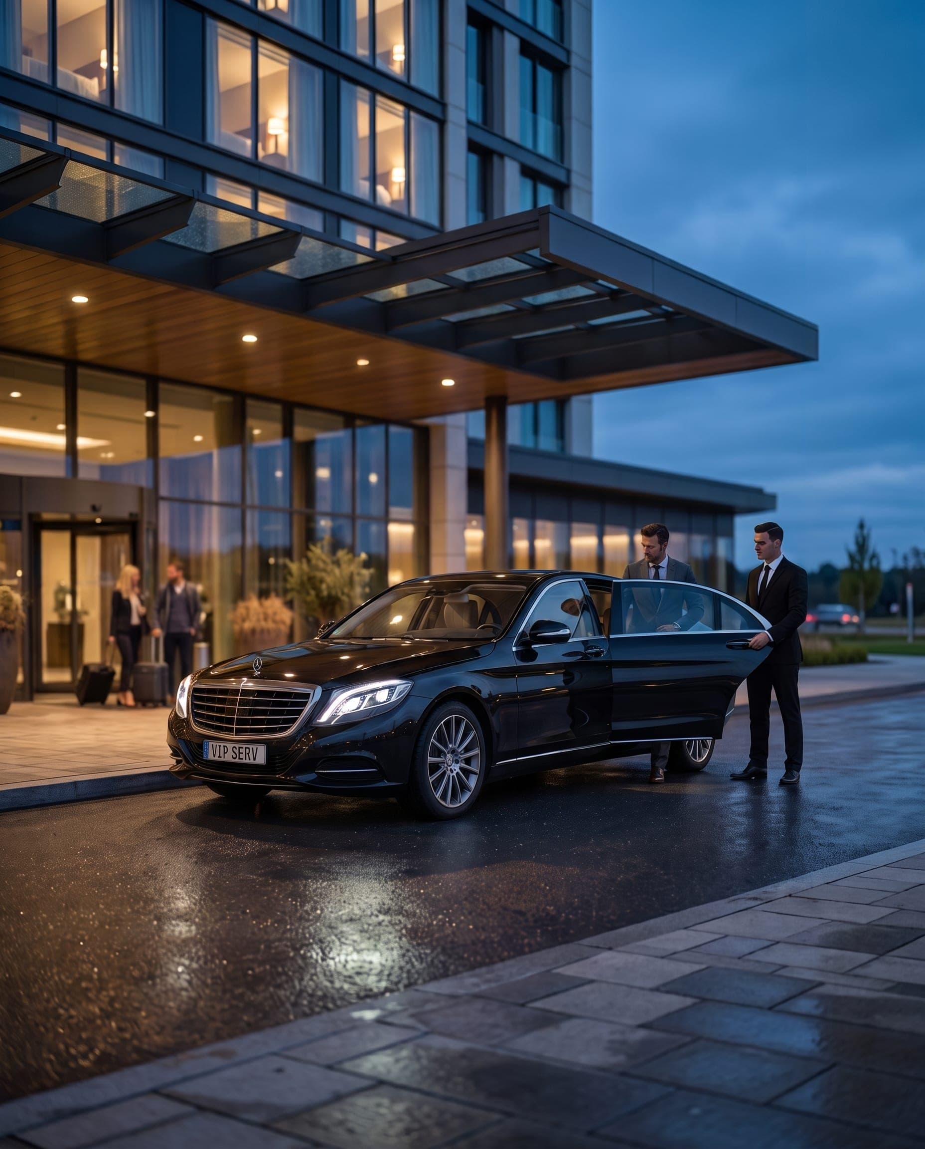 A MUVEH chauffeur holding a sedan door for a guest arriving at a hotel and conference venue at dusk