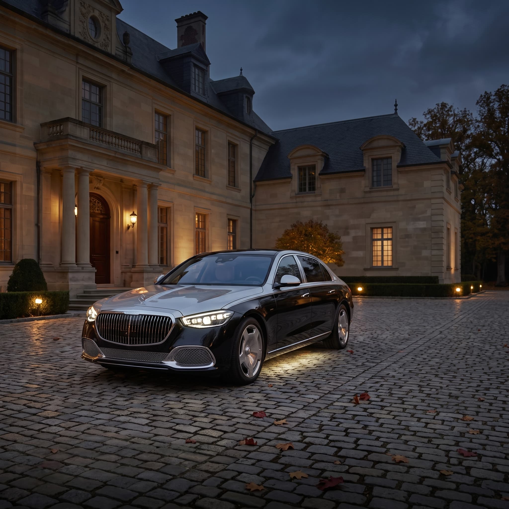 A flagship sedan arriving at a lit estate entrance at night, headlights on