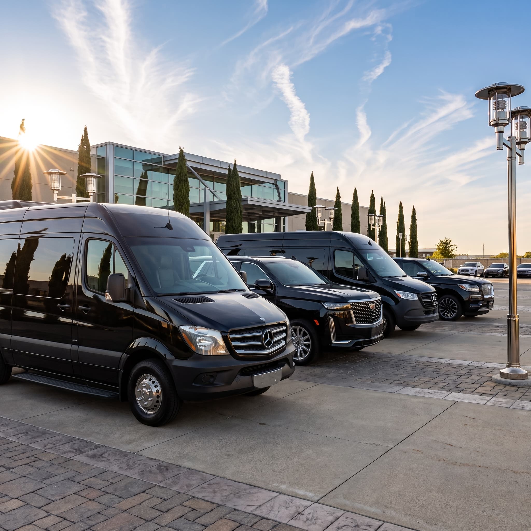 A black and white photo of a chauffeur beside a lineup of dark luxury vehicles in a parking area