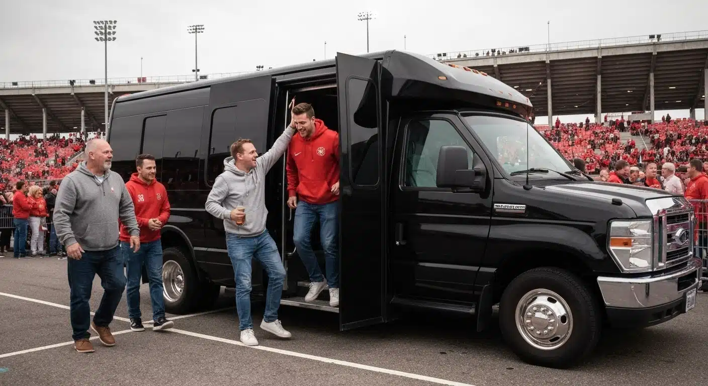 A group in team colors stepping off a black Sprinter shuttle at a stadium, fans filling the stands behind them