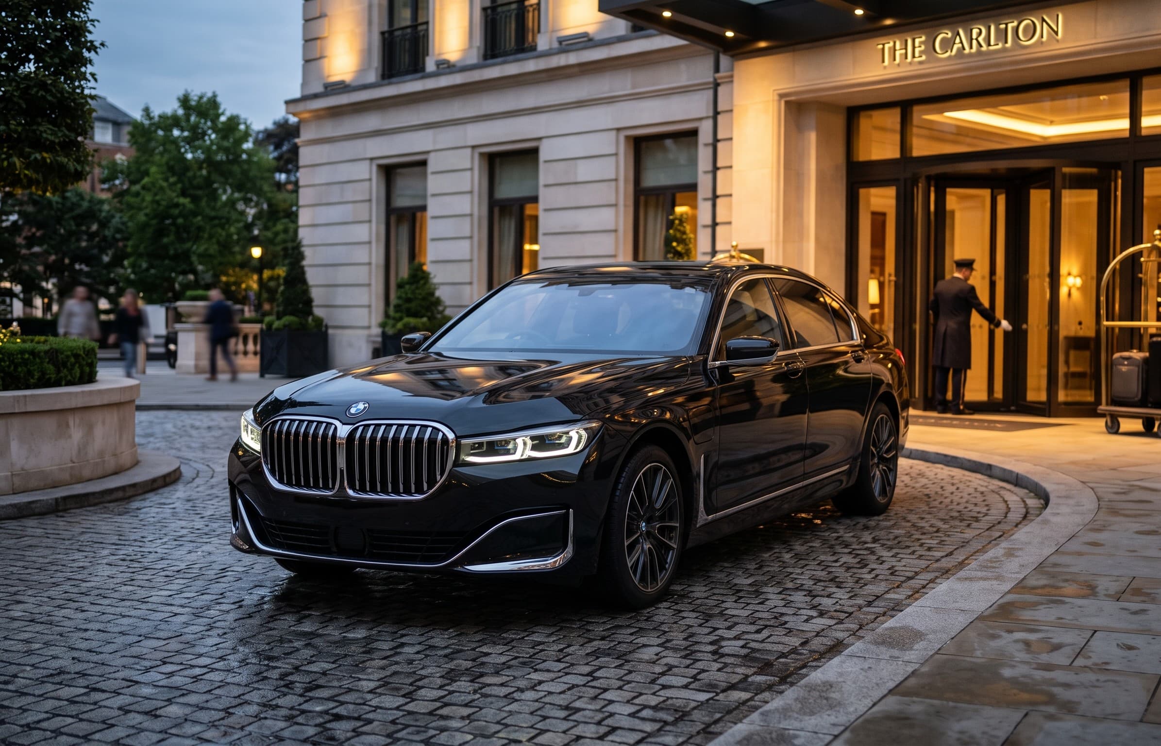 A BMW sedan arriving at a hotel entrance in the evening, a bellhop opening the door
