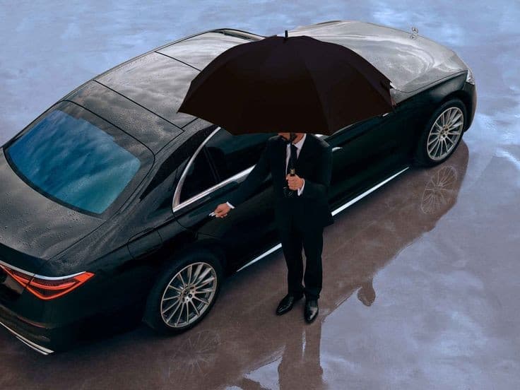 A chauffeur holding an umbrella beside a black luxury sedan, aerial view
