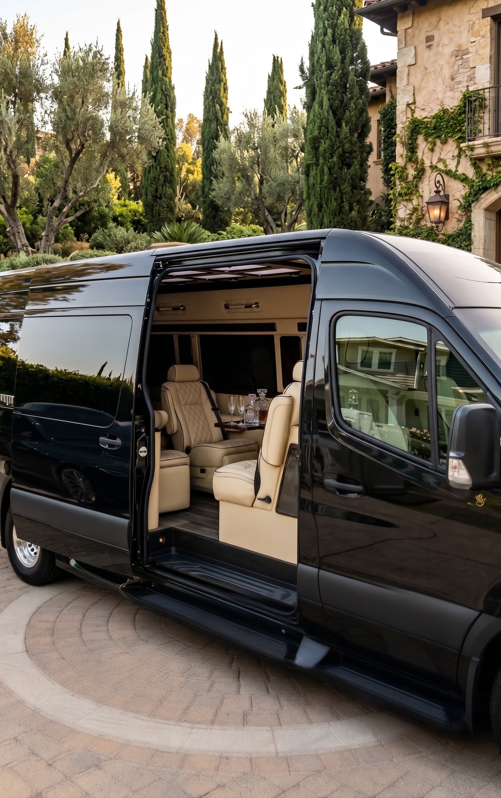 A Sprinter van's side door open on a residential street, cream leather seating visible inside