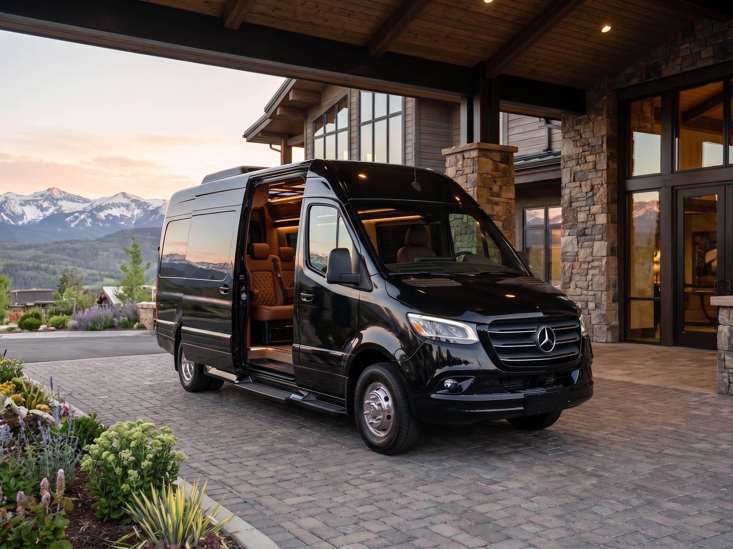A black Mercedes Sprinter van parked outside an office building at dusk, side door open