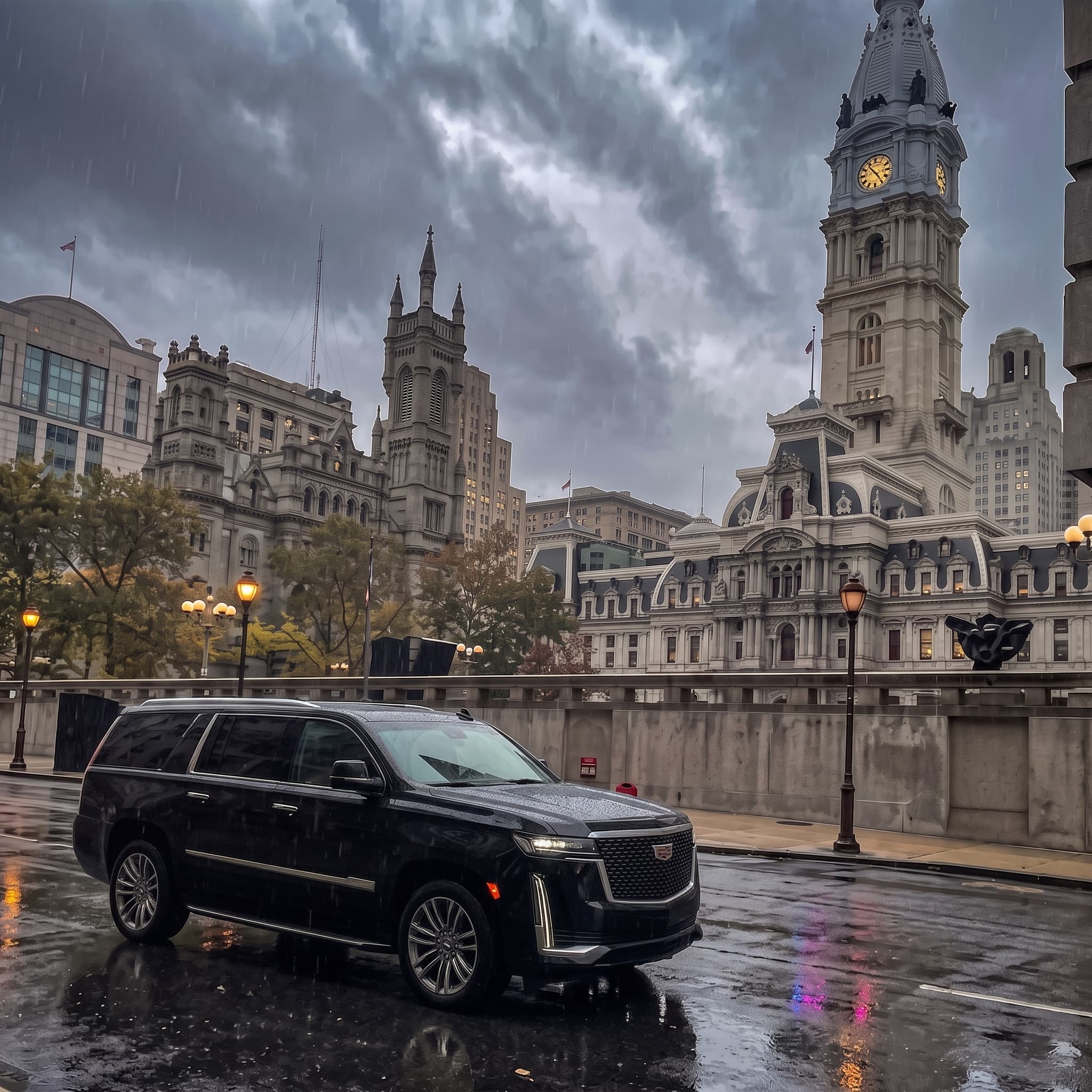 A dark Cadillac Escalade parked on a street slick with rain in front of Philadelphia City Hall